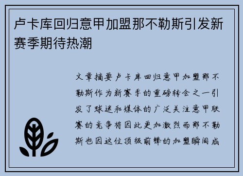 卢卡库回归意甲加盟那不勒斯引发新赛季期待热潮