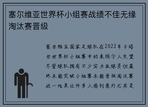 塞尔维亚世界杯小组赛战绩不佳无缘淘汰赛晋级