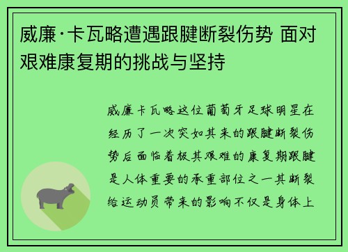 威廉·卡瓦略遭遇跟腱断裂伤势 面对艰难康复期的挑战与坚持